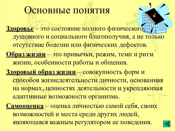 Основные понятия Здоровье – это состояние полного физического, душевного и социального