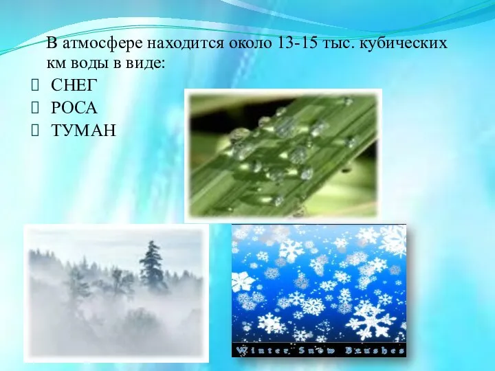 В атмосфере находится около 13-15 тыс. кубических км воды в виде: СНЕГ РОСА ТУМАН