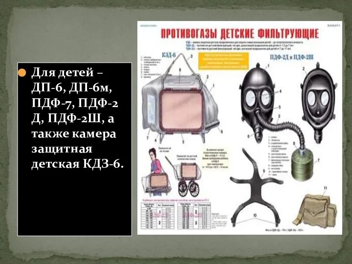 Для детей – ДП-6, ДП-6м, ПДФ-7, ПДФ-2Д, ПДФ-2Ш, а также камера защитная детская КДЗ-6.