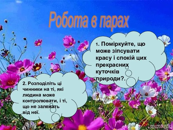 1. Поміркуйте, що може зіпсувати красу і спокій цих прекрасних куточків