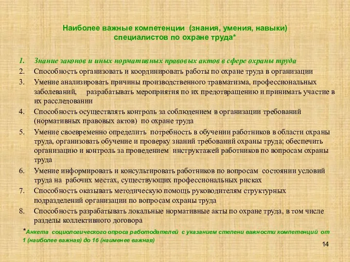 Наиболее важные компетенции (знания, умения, навыки) специалистов по охране труда* Знание