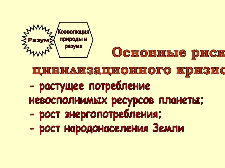 Основные риски цивилизационного кризиса - растущее потребление невосполнимых ресурсов планеты; -