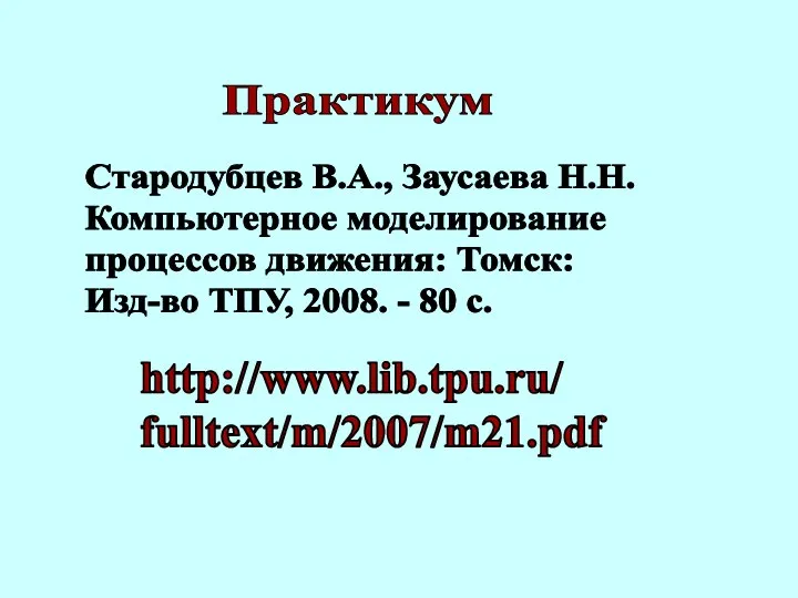 Практикум Стародубцев В.А., Заусаева Н.Н. Компьютерное моделирование процессов движения: Томск: Изд-во