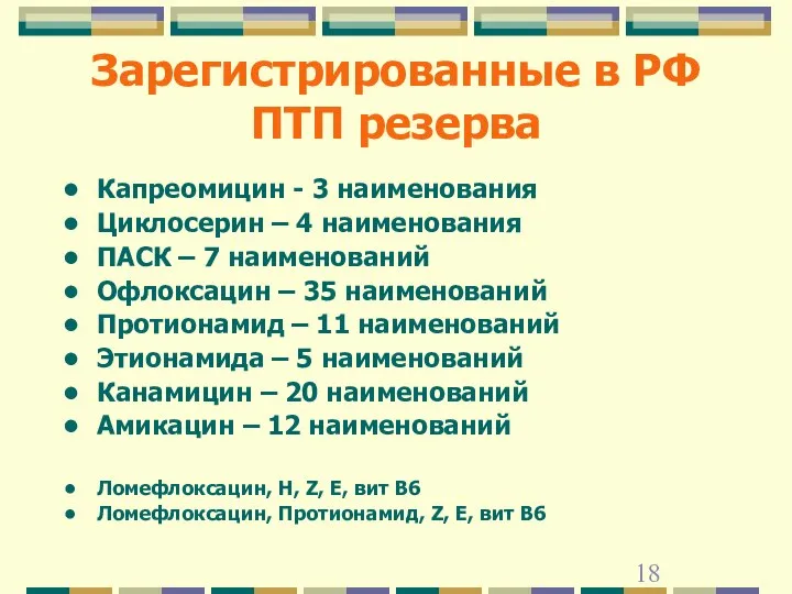 Зарегистрированные в РФ ПТП резерва Капреомицин - 3 наименования Циклосерин –