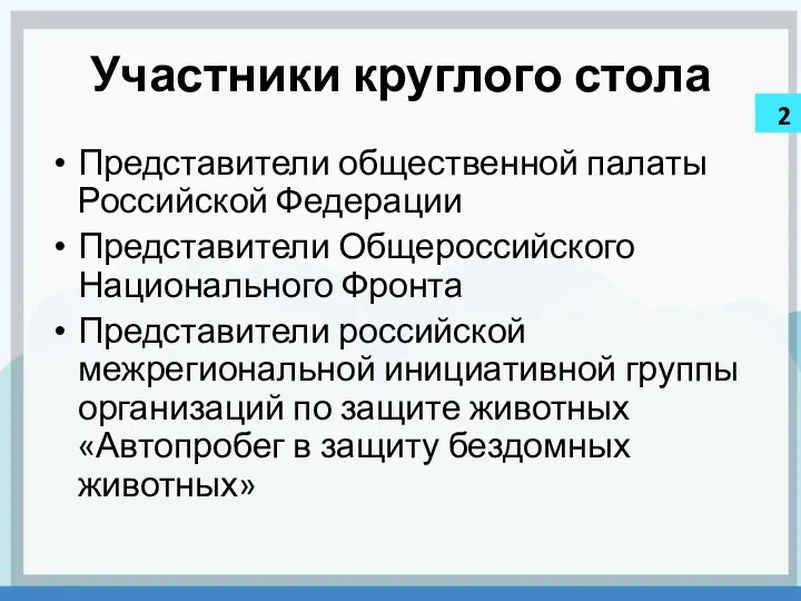 Участники круглого стола Представители общественной палаты Российской Федерации Представители Общероссийского Национального