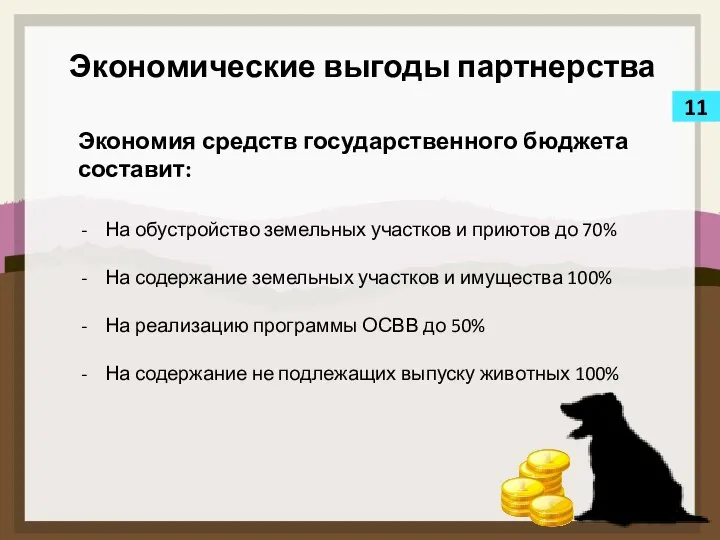 11 Экономические выгоды партнерства Экономия средств государственного бюджета составит: На обустройство