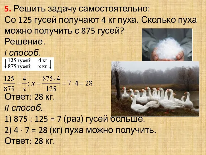 5. Решить задачу самостоятельно: Со 125 гусей получают 4 кг пуха.