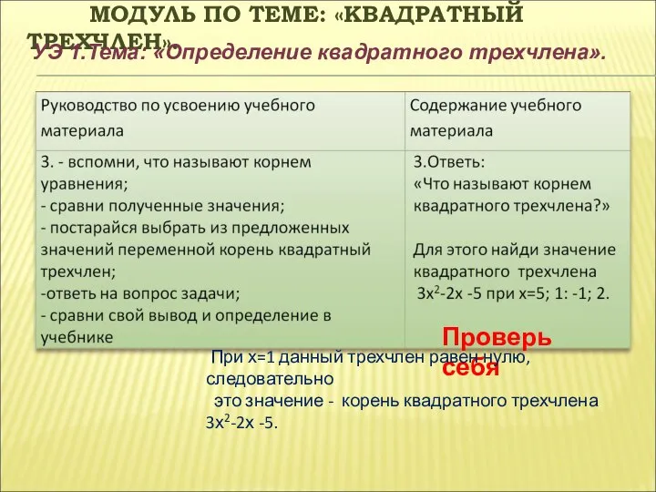 МОДУЛЬ ПО ТЕМЕ: «КВАДРАТНЫЙ ТРЕХЧЛЕН». УЭ 1.Тема: «Определение квадратного трехчлена». Проверь