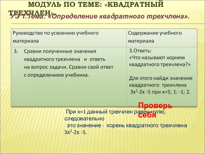 МОДУЛЬ ПО ТЕМЕ: «КВАДРАТНЫЙ ТРЕХЧЛЕН». УЭ 1.Тема: «Определение квадратного трехчлена». Проверь