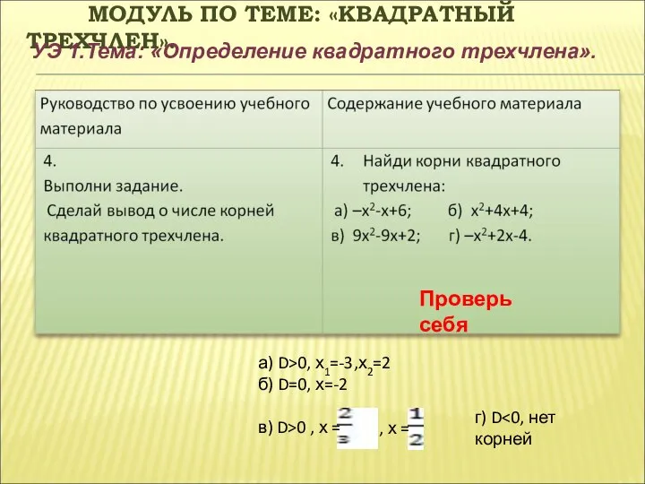 МОДУЛЬ ПО ТЕМЕ: «КВАДРАТНЫЙ ТРЕХЧЛЕН». УЭ 1.Тема: «Определение квадратного трехчлена». Проверь