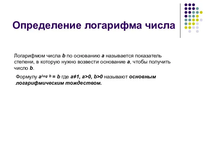 Определение логарифма числа Логарифмом числа b по основанию a называется показатель