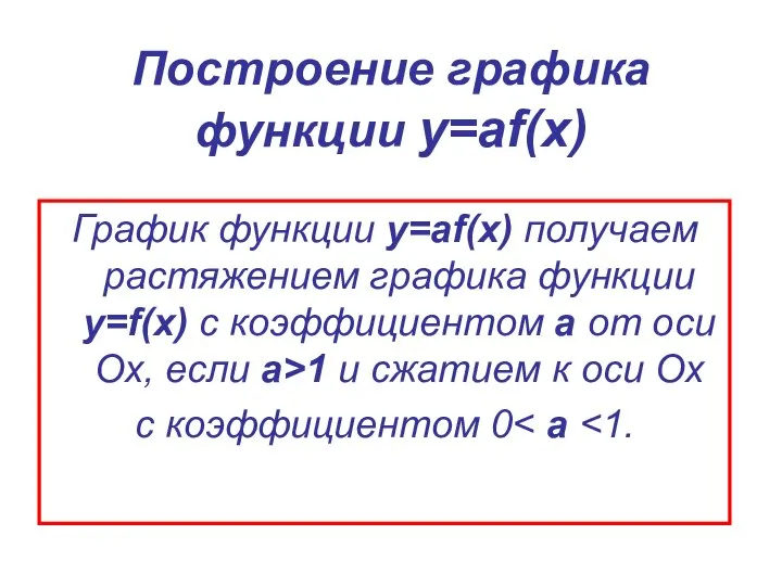 Построение графика функции у=аf(x) График функции у=аf(x) получаем растяжением графика функции