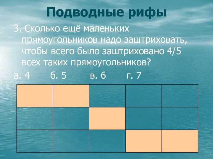 3. Сколько ещё маленьких прямоугольников надо заштриховать, чтобы всего было заштриховано