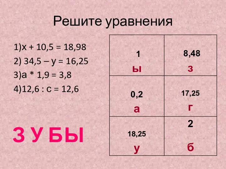 Решите уравнения 1)х + 10,5 = 18,98 2) 34,5 – у