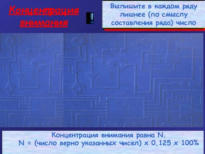 Концентрация внимания Концентрация внимания равна N. N = (число верно указанных чисел) x 0,125 x 100%