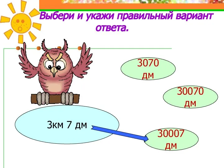 Выбери и укажи правильный вариант ответа. 3км 7 дм 3070 дм 30070 дм 30007 дм