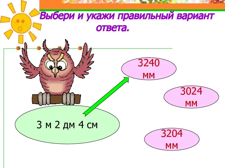 Выбери и укажи правильный вариант ответа. 3 м 2 дм 4