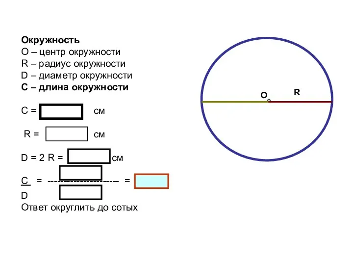 Окружность О – центр окружности R – радиус окружности D –