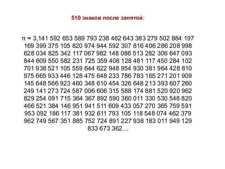 510 знаков после запятой: π ≈ 3,141 592 653 589 793