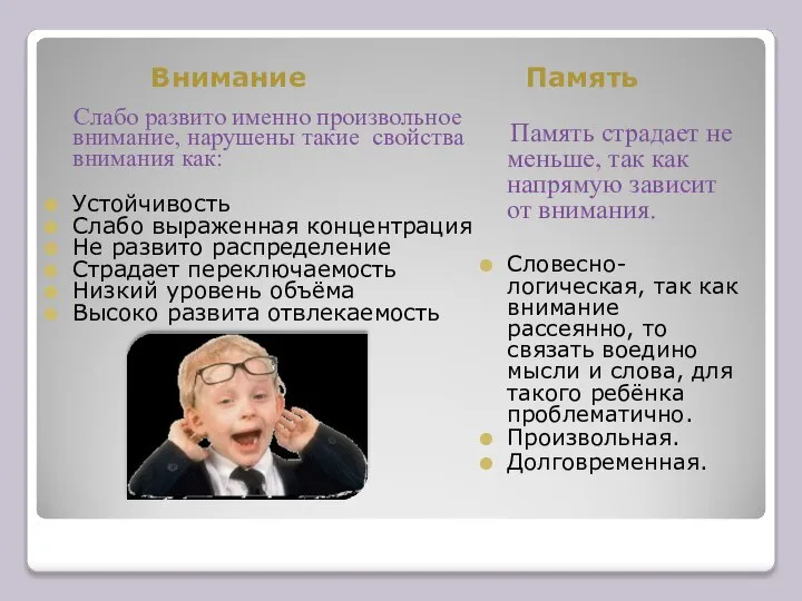 Внимание Память Слабо развито именно произвольное внимание, нарушены такие свойства внимания