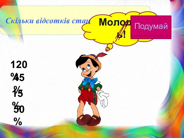 Скільки відсотків становить 36 від 80 Молодець! 50% 120% 45% 15% Подумай Подумай Подумай