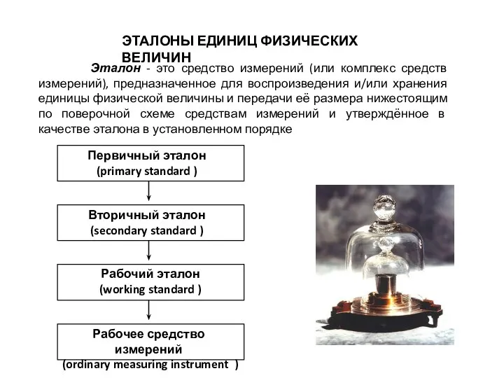 ЭТАЛОНЫ ЕДИНИЦ ФИЗИЧЕСКИХ ВЕЛИЧИН Эталон - это средство измерений (или комплекс