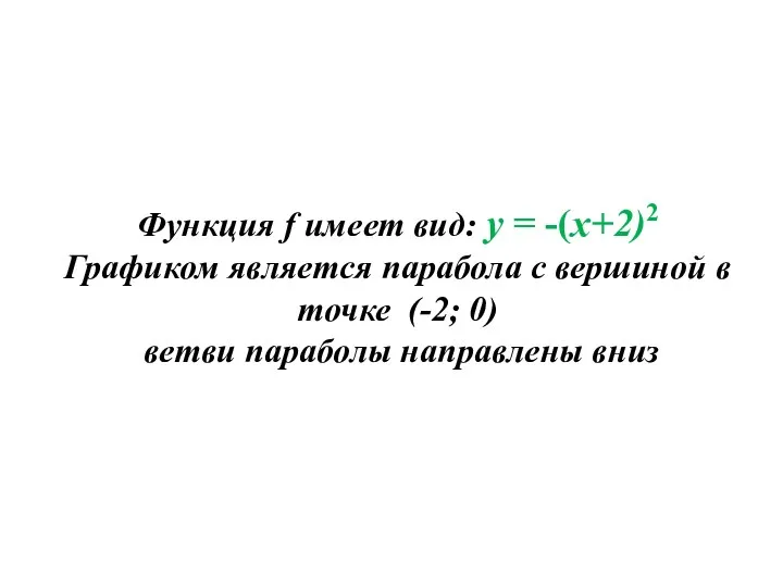 Функция f имеет вид: y = -(x+2)2 Графиком является парабола с