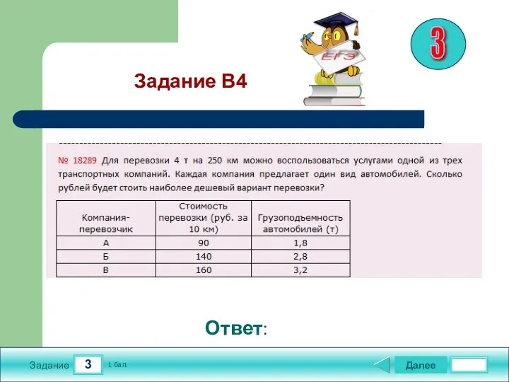 3 Задание Далее 1 бал. Ответ: Задание В4 3