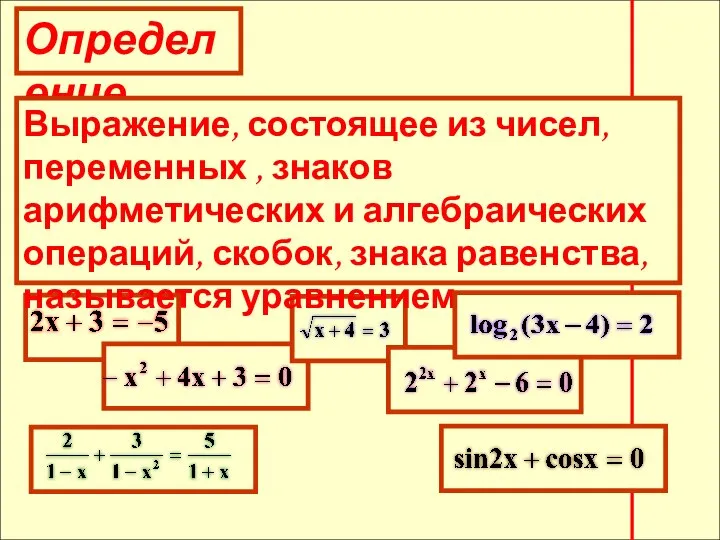 Определение Выражение, состоящее из чисел, переменных , знаков арифметических и алгебраических