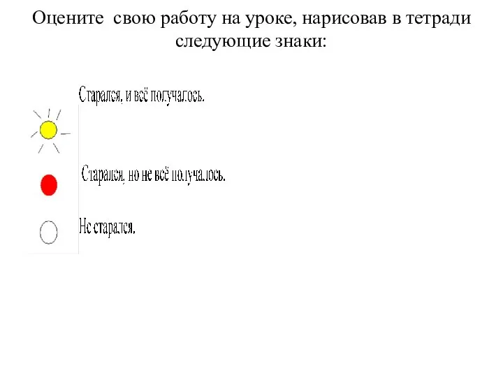 Оцените свою работу на уроке, нарисовав в тетради следующие знаки: