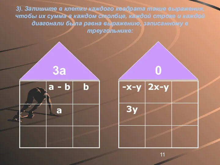 3). Запишите в клетки каждого квадрата такие выражения, чтобы их сумма