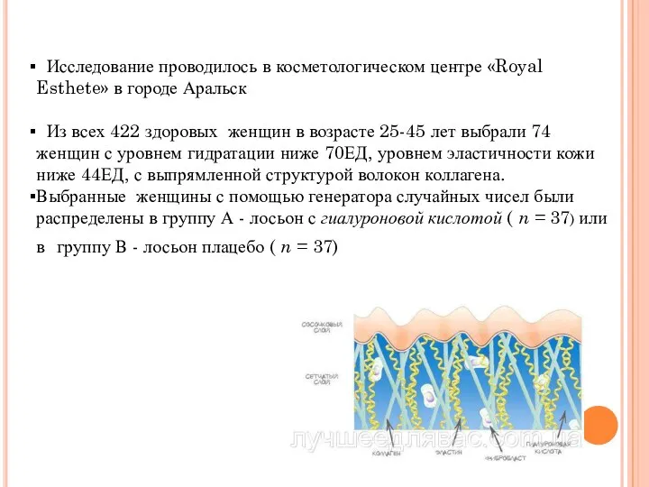 Исследование проводилось в косметологическом центре «Royal Esthete» в городе Аральск Из