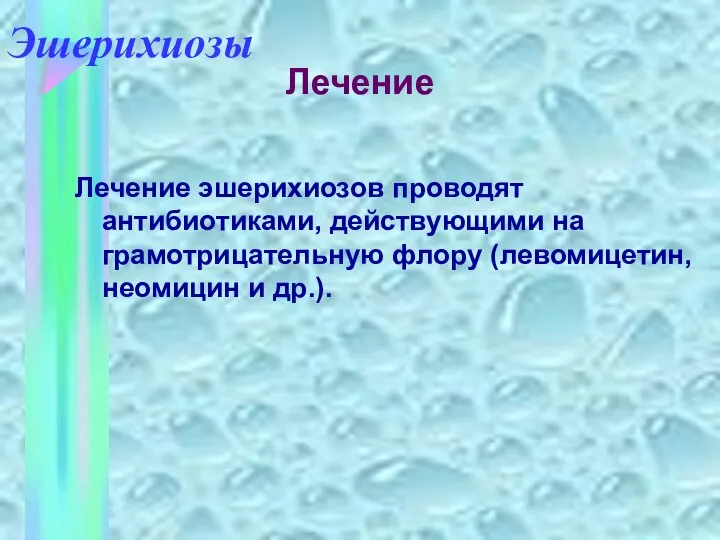 Лечение эшерихиозов проводят антибиотиками, действующими на грамотрицательную флору (левомицетин, неомицин и др.). Эшерихиозы Лечение