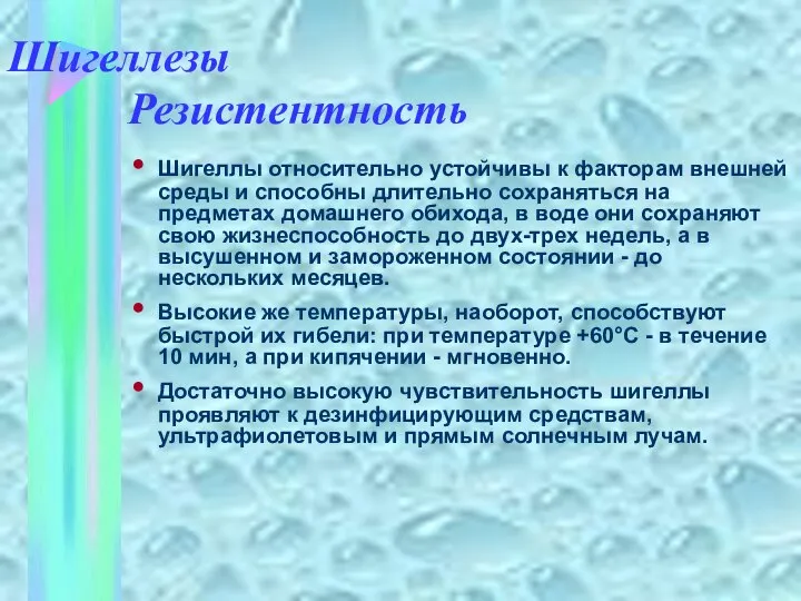 Шигеллезы Шигеллы относительно устойчивы к факторам внешней среды и способны длительно