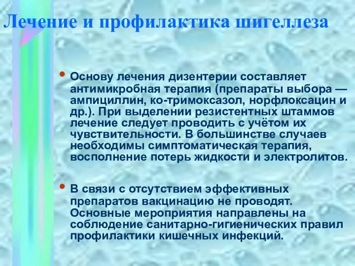 Лечение и профилактика шигеллеза Основу лечения дизентерии составляет антимикробная терапия (препараты