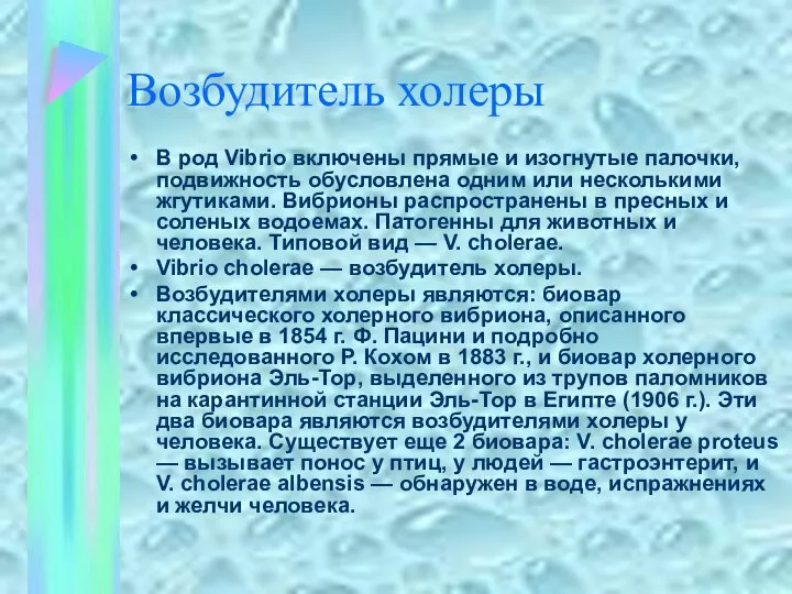 Возбудитель холеры В род Vibrio включены прямые и изогнутые палочки, подвижность