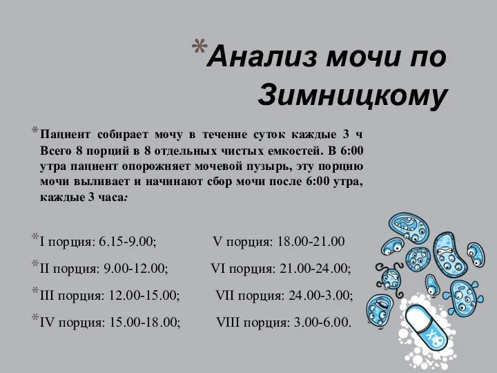 Анализ мочи по Зимницкому Пациент собирает мочу в течение суток каждые