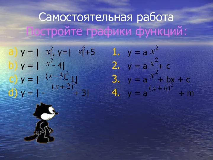 Самостоятельная работа Постройте графики функций: y = | |, y=| |+5