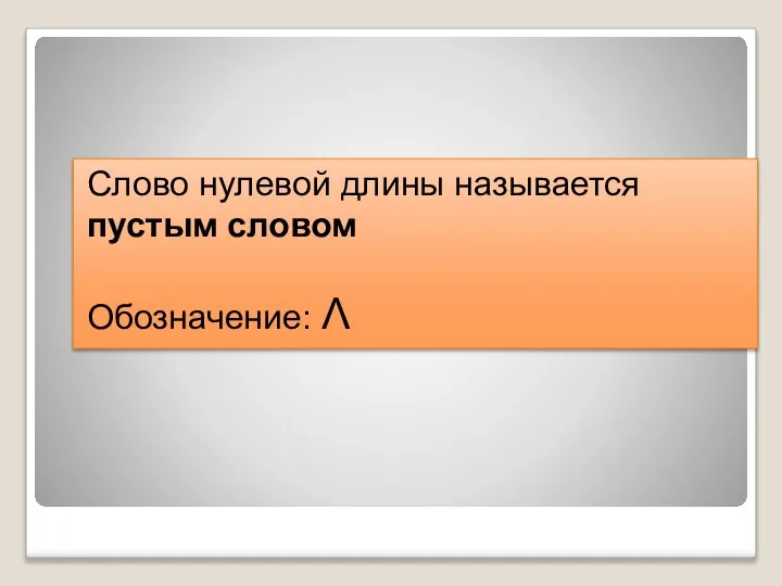 Слово нулевой длины называется пустым словом Обозначение: Λ