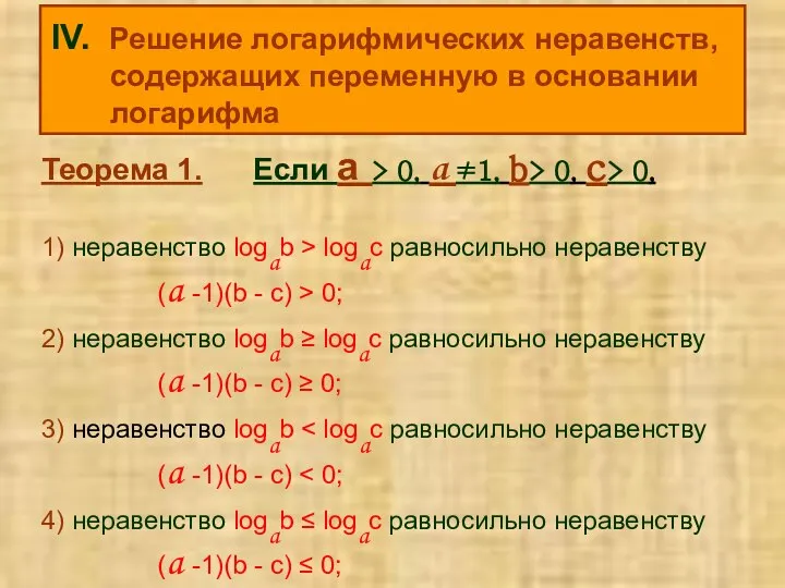 IV. Решение логарифмических неравенств, содержащих переменную в основании логарифма Теорема 1.