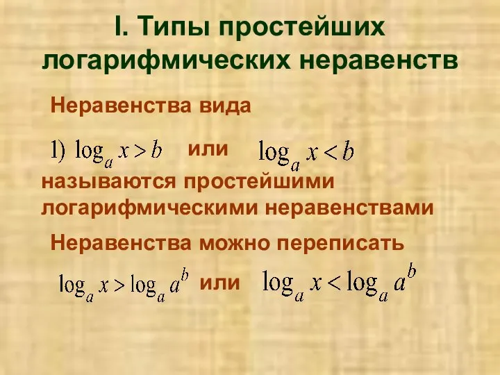 I. Типы простейших логарифмических неравенств или называются простейшими логарифмическими неравенствами Неравенства вида или Неравенства можно переписать