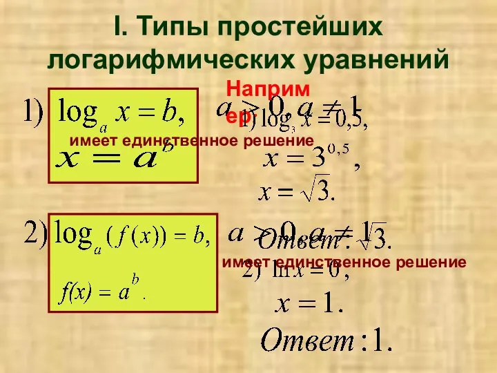 I. Типы простейших логарифмических уравнений имеет единственное решение Например: имеет единственное решение