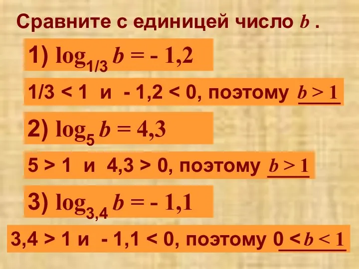 Сравните с единицей число b . 1) log1/3 b = -