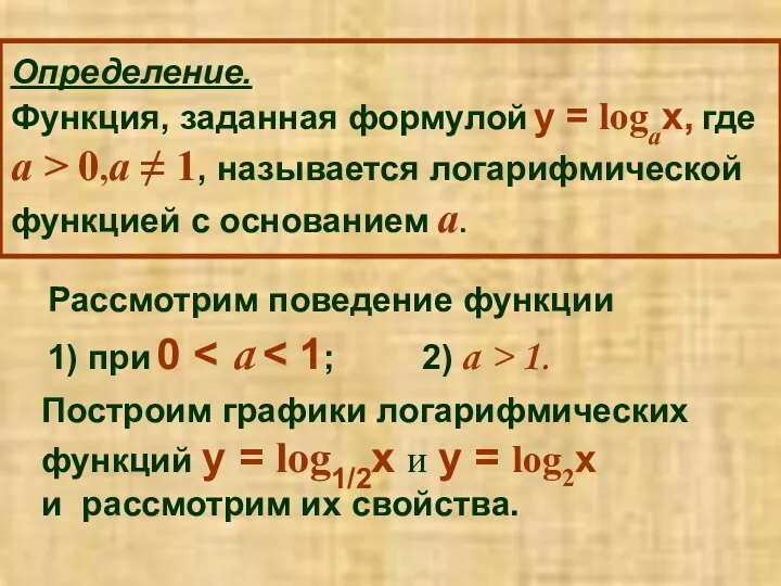 Определение. Функция, заданная формулой y = logax, где a > 0,a