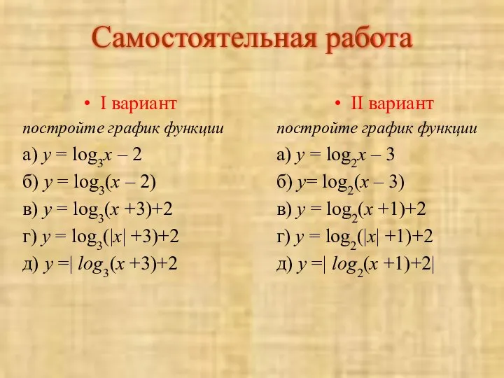 Самостоятельная работа I вариант постройте график функции а) у = log3x