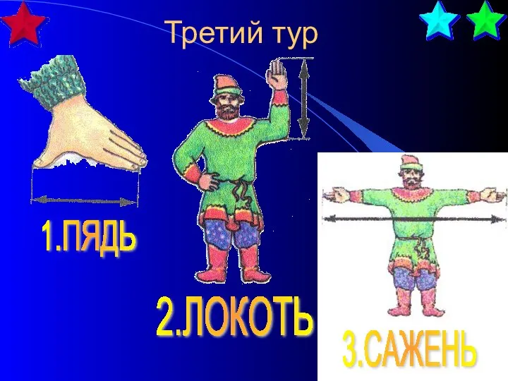 Третий тур 1.ПЯДЬ 2.ЛОКОТЬ 3.САЖЕНЬ