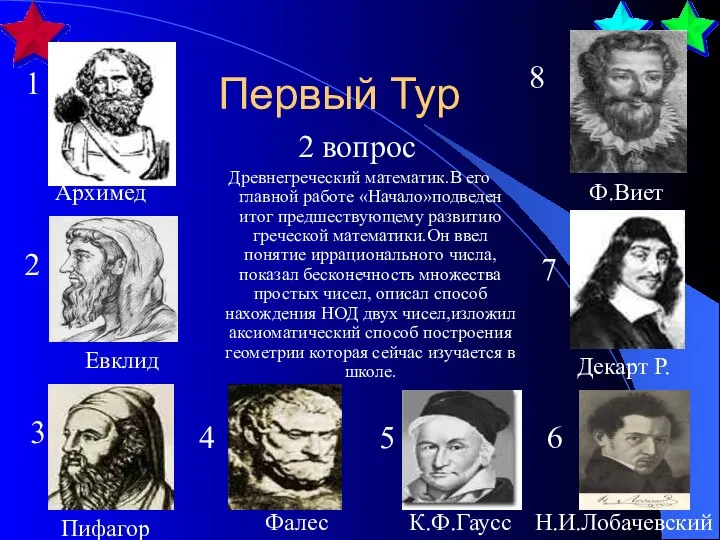 Первый Тур 2 вопрос Древнегреческий математик.В его главной работе «Начало»подведен итог