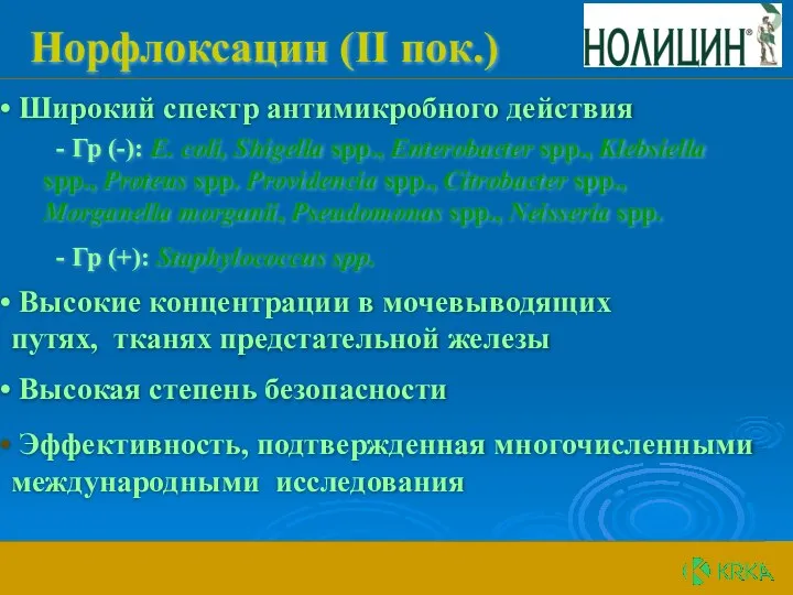 Норфлоксацин (ΙΙ пок.) Широкий спектр антимикробного действия Высокие концентрации в мочевыводящих