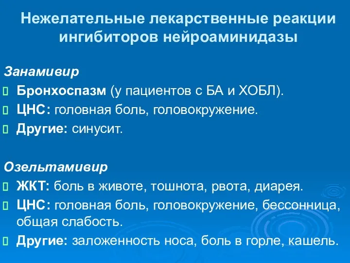 Нежелательные лекарственные реакции ингибиторов нейроаминидазы Занамивир Бронхоспазм (у пациентов с БА