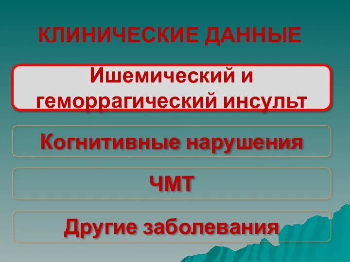 Ишемический и геморрагический инсульт Когнитивные нарушения ЧМТ Другие заболевания КЛИНИЧЕСКИЕ ДАННЫЕ